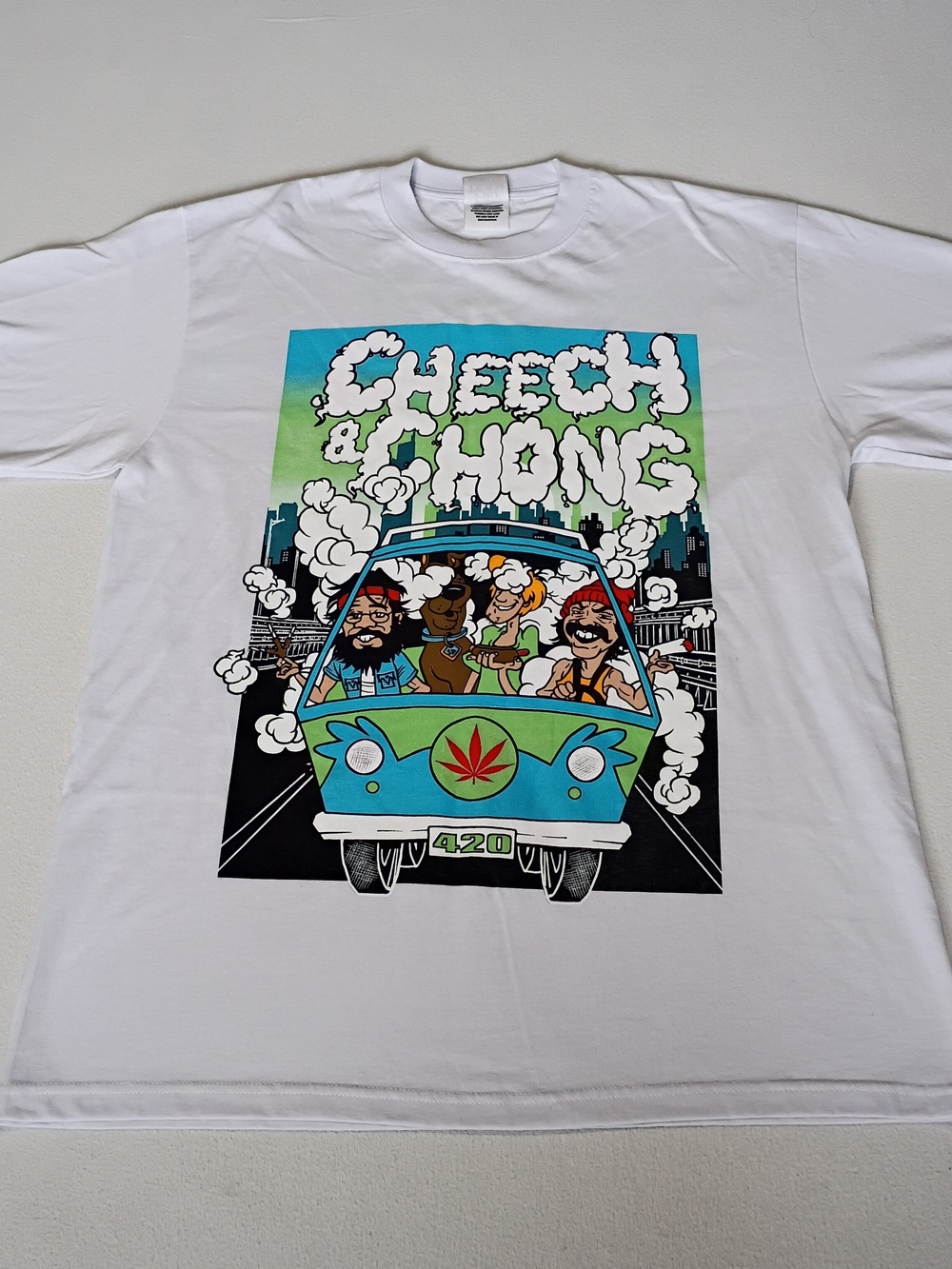 Cheech & Chong "Scooby-Doo Mystery Machine" 420 Parody T-Shirt Size XL White